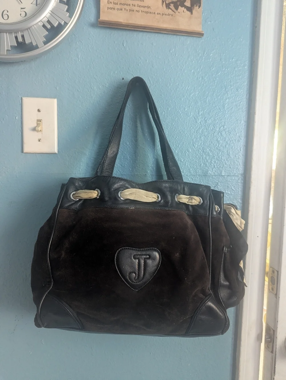Juicy Couture Brown & Black Suede Embroidered Tote with Cream Accents